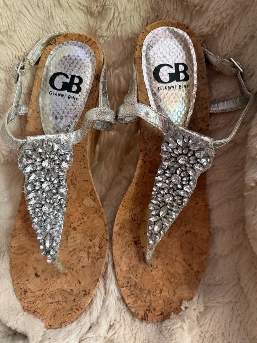 Gianni Bini Silver Jeweled Cork Wedge Sandals - Women's